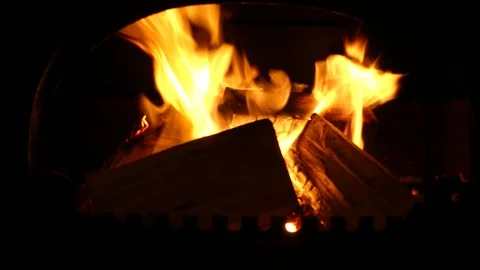 Log fire burning in stove, with open door Stock Footage 125518416