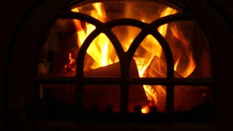 Log fire seen through closed glass door of woodburner stove Stock Footage 125386807