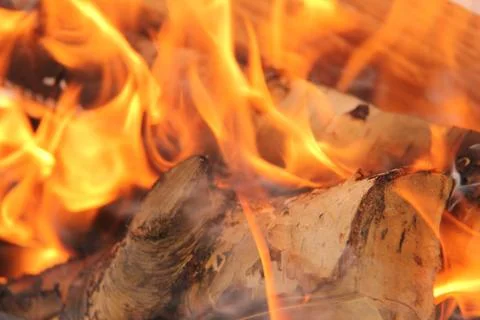 Log in the flames. burning fire in the grill is large. Stock Photos