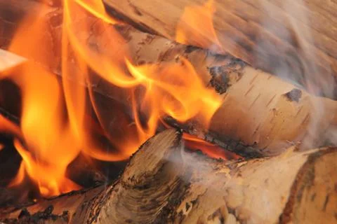 Log in the flames. burning fire in the grill is large. Stock Photos