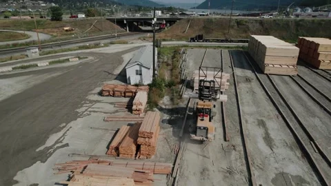 A Log Grapple Getting Lots Of Trunks And Piling Up Outside The Sawmill Factory Vídeo Stock 347653202