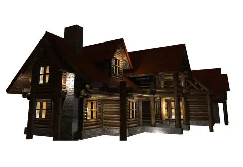 Log home isolated graphic. log house night illumination 3d render illustratio Ilustración de archivo