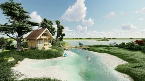 Log house on the banks of a river backwater with a floating man Stock Footage 167490053