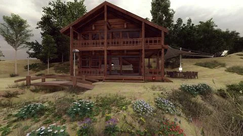 Log house front elevation with wild flower foreground 3d illustration Stock Illustration