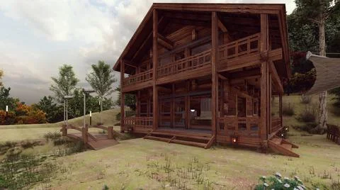 Log house perspective with trees background 3d illustration Stock Illustration