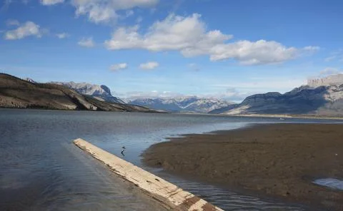 A log on a lake surrounded by the mountains. Foto stock