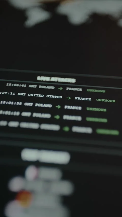 Log of live cyber attacks with timestamps, source and target countries Stock Footage 328356501