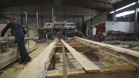 Log Processing By Proffesional Carpenters At Forestry Industrial Workshop Stock Footage 158559904