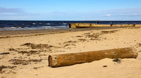 A log on sandy beach by ocean, waves hitting shore under blue sky with clouds Stock Photos