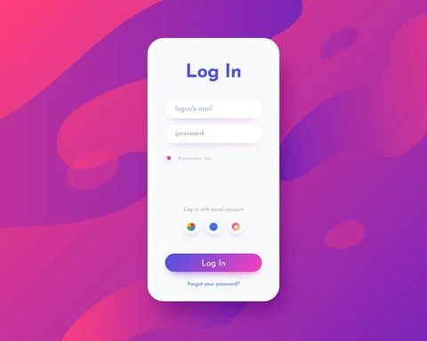 Log in screen. Mobile application interface, registration form with login and Illustrazione stock