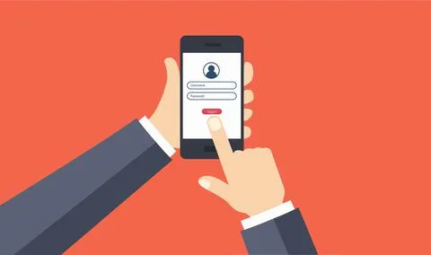 Log in screen. Mobile application interface. Hands holding. Website UI with Stock Illustration