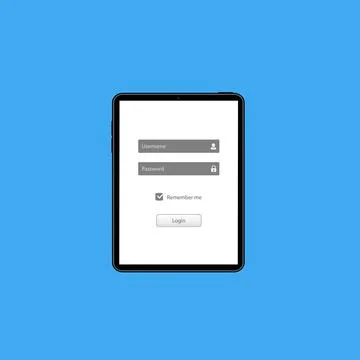 Log in screen on tablet. Mobile application interface, registration form with Stock Illustration