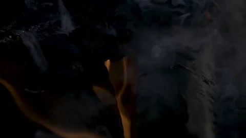 A Log Smokes with Low Orange Flames Burning Stock Footage 270310826