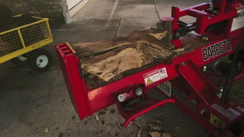 LOG SPLITTER-Man placing live oak log on a struggling gas log splitter Stock Footage 194843254
