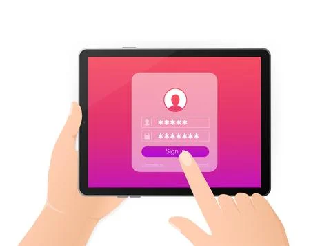 Log in tablet hands, great design for any purposes. Vector illustration flat Stock Illustration
