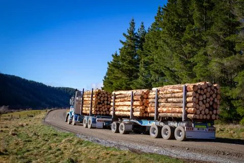 A log truck transporting a load from the forestry site in New Zealand Stock Photos