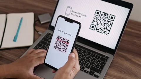 Log In Web Page Using Smartphone with QR Code Scanning Application Stock Footage 197562771