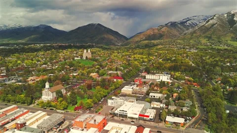 Logan Utah Aerial Perspective Over Downtown Historic District Stock Footage 339092022