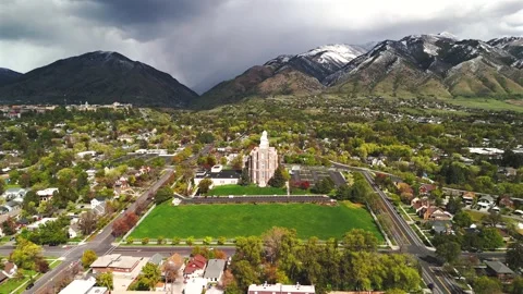 Logan Utah Aerial Pullback From Temple Revealing Green Lawns Stock Footage 339092164