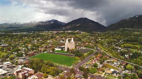 Logan Utah Aerial View Approaching Temple Above Quiet Homes Stock Footage 339092102