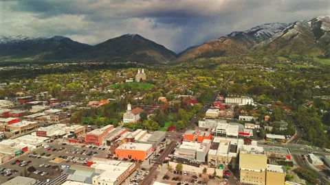 Logan Utah Dynamic Aerial Flyover Of Historic Downtown Stock Footage 339092401