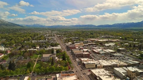 Logan Utah Forward Flying Aerial Above Historic Downtown Stock Footage 339092455