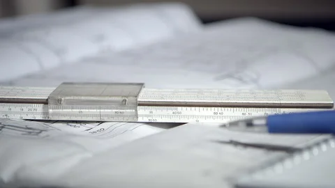 Logarithmic ruler on top of technical chart on table, macro pan 動画素材 132303351