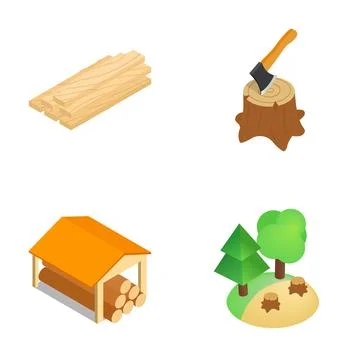 Logging and timber industry isometric icons set Stock Illustration