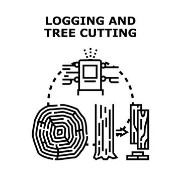 Logging and tree cutting process with wood production Stock Illustration