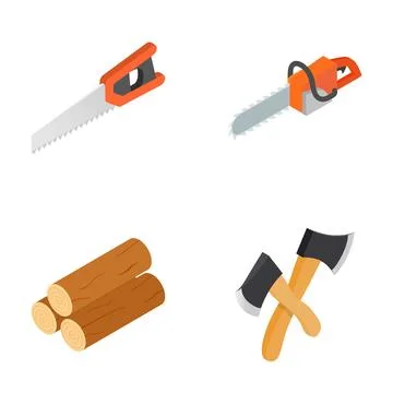 Logging and woodworking tools with wood logs Stock Illustration