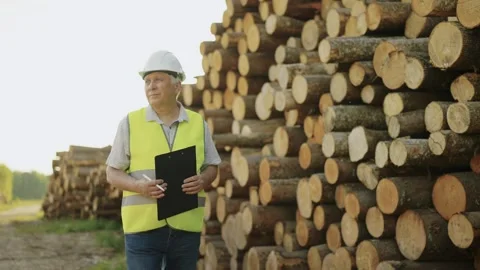 Logging foreman checks quality of sawn logs. Adult male engineer. Slow motion Stock Footage 242695710