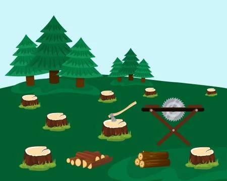 Logging forest with felled trees vector illustration hand drawn. Stumps after Stock Illustration