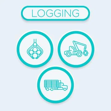 Logging, forestry, timber harvester, logging truck trendy linear icons Illustrazione stock