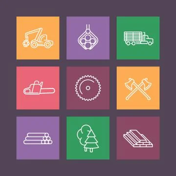 Logging line icons, forestry, timber, tree harvester, truck with timber, lorr Stock Illustration