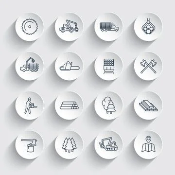 Logging line icons, sawmill, forestry equipment, logging truck, tree harveste Stockillustratie