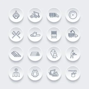Logging line icons set, forest harvester, logging truck, lorry, chainsaw, lum Stock Illustration