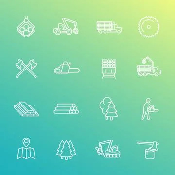 Logging line icons set, forest harvester, lorry, chainsaw, lumber, sawmill, a Stock Illustration