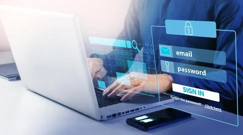 Logging in via mobile or notebook securely for smooth operation,Security in.. Stock Illustration