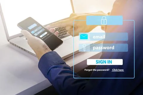 Logging in via mobile securely for smooth operation,Security in entering the Stock Photos