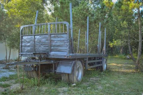 A logging truck with empty trailers drives forward along the highway agains.. Stock Photos