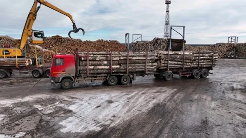 A logging truck pulls up to unload wood for processing. copter Video stock 294048859