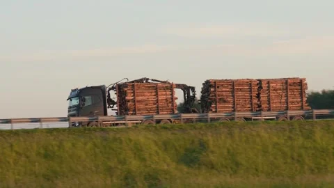 Logging truck transporting timber on highway at sunset Stock Footage 320500061