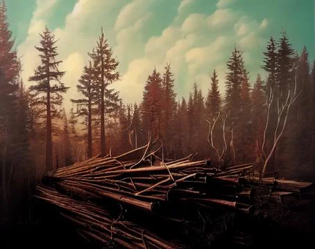 Logging. Trunks of felled trees in the forest. Stock Illustration