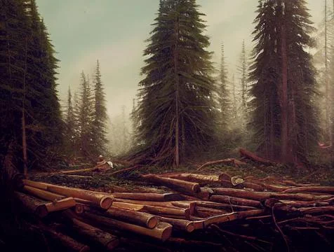 Logging. Trunks of felled trees in the forest. Stock Illustration