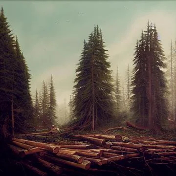 Logging. Trunks of felled trees in the forest. Stock Illustration