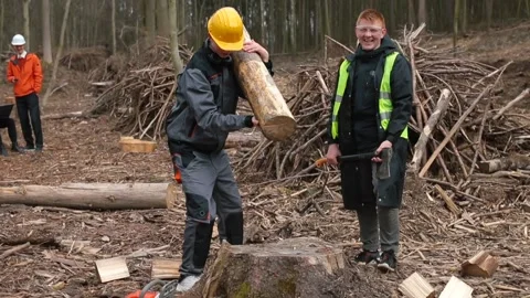 Logging work worker carries log, sets it. Wood processing for firewood. Stock Footage 153175149