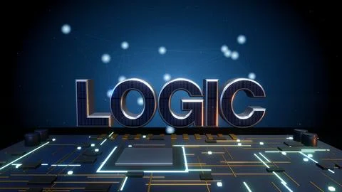 LOGIC 3D Text with a Neural Network on a Circuit Board Stock Illustration