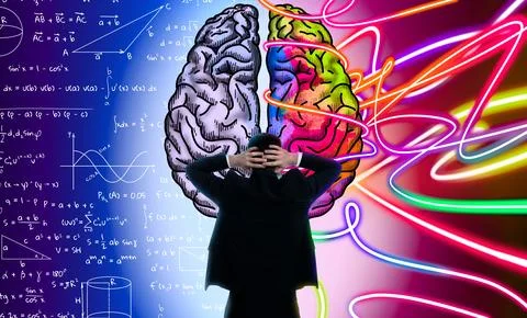 Logic and creativity. Man and illustration of brain hemispheres. Different .. Foto stock