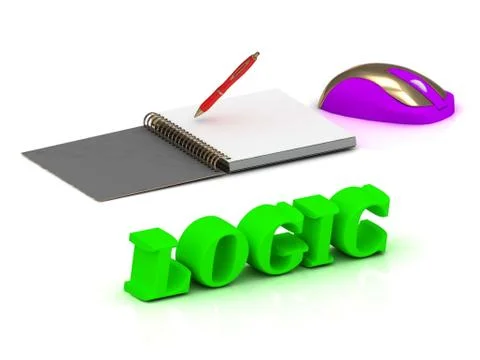 LOGIC  bright volume letter and copybook with red pen and computer mouse on w Stock Illustration