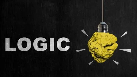 Logic concept displayed with a hanging lightbulb, its bulb a crumpled yello.. Stock Photos